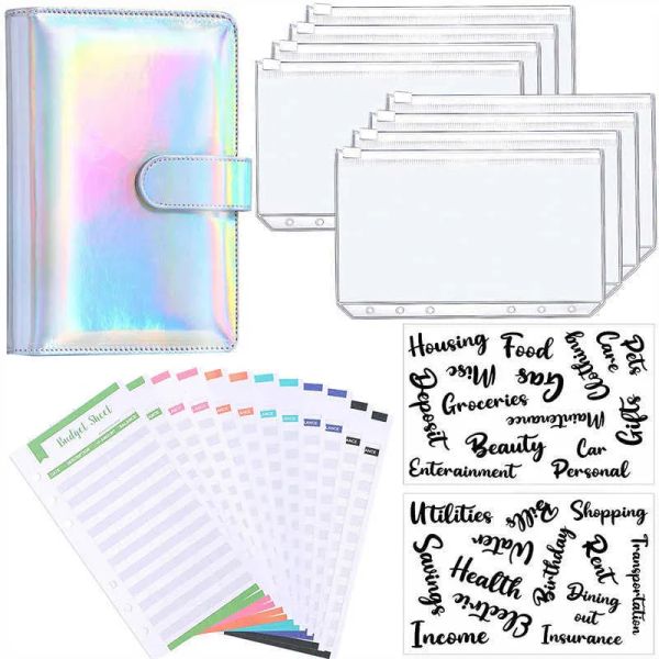 wholesale A6 Glitter PU Leder Binder Budget Umschlag Planer Organizer System mit klaren Reißverschlusstaschen Spesen Budget Blätter ZZ