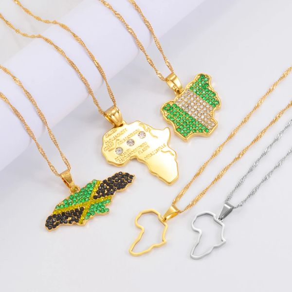 Bandiera colorata Nigeria Giamaica con strass Africa Mappe Collane con ciondolo in oro giallo 14k Gioielli etnici