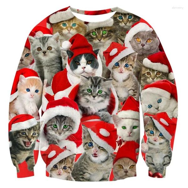 Erkek hoodies çirkin Noel kazak erkekler 3d baskılı komik Noel baba kedi grafik kazak sweatshirtler parti cosplay uzun kollu
