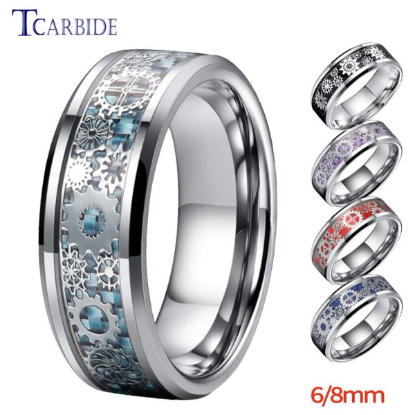 Bandas 8mm homens homens tungstênio anel de casamento de engrenagem mecânica roda clara azul de carbono embutido jóias de presente exclusivas