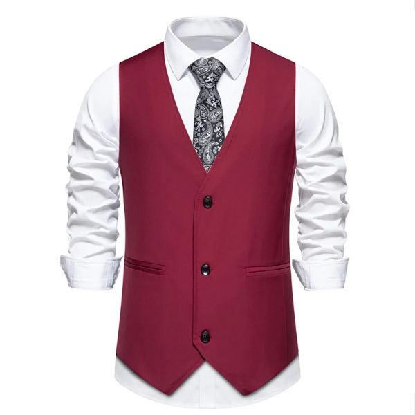 Vino Rosso Abito Formale Gilet da Uomo 2024 di Marca Slim Fit Senza Maniche con Scollo a V Vestito da Affari Gilet Gilet da Uomo Chalecos Para Hombre