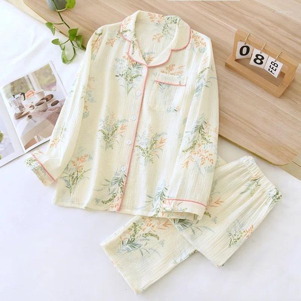 Pijamas femininos 2024 conjunto de pijama japonês primavera/verão algodão calças de manga comprida tamanho solto fresco mobiliário doméstico senhoras