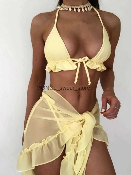 Damen Bademode Mesh Cover-ups Bikini Set Frauen Solide Gelb Push Up Rüschen Badeanzug Strand Bandage Krawatte Badeanzug Dreieck 2023H24222