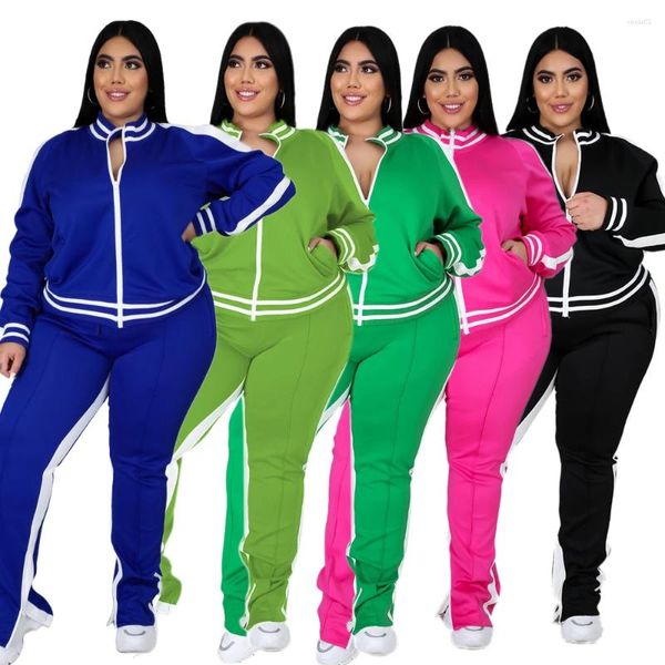 Trailsuits Fiş Boyutu Treatsuit Renk Patchwork İki Parça Setleri Sonbahar EST LADY V-NECK Tam Kollu Katlar Yüksek Bel Bölünmüş Pantolon