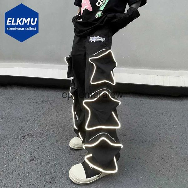 Calças masculinas reflexivas estrela bolsos calças moda streetwear calças táticas hip hop harajuku calças de carga soltas calças largas preto brancoh24222