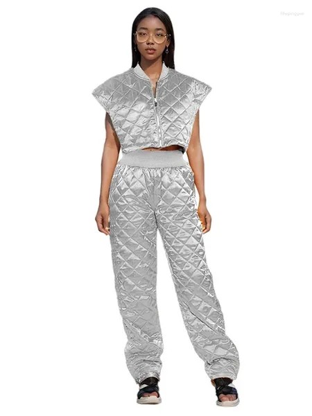 Kadınlar İki Parçalı Pantolon Gümüş 2024 Sonbahar Kış Setleri Kadın Outifits Slegisel Ceket ve Düz Eşleşen Set Altın