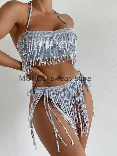 Kadın Mayo Parlak Glitter Bikini Set Kadın Seksi Bandeau Push Up Sequin Tassel Mayo 2024 Bayanlar Plaj Mayo Takım Yüksek Waisth24222