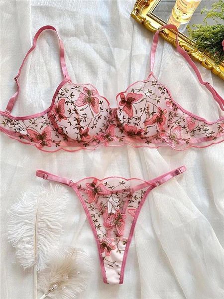Conjuntos de sutiãs sexy renda sutiã briefs conjunto ultra fino lingerie rosa roupa interior borboleta bordado fantasia flores malha ver através exótico
