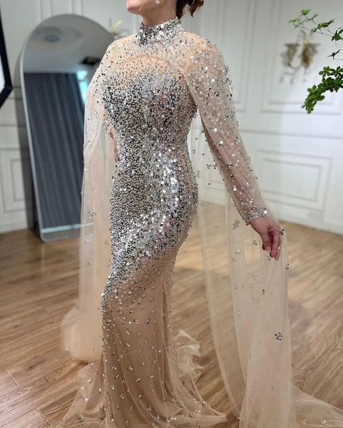 2024 Luxus Dubai Meerjungfrau Abendkleid Pageant Kleid Cape Ärmel Perlen Pailletten Frauen Engagement Prom Formale Kleider Champagner Robe De Soiree Vestidos De Fiesta