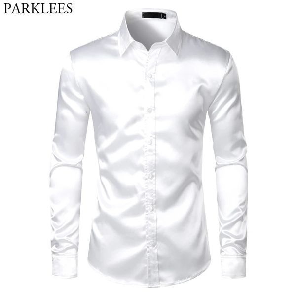 Camicia da smoking in raso di seta bianca da uomo di marca a maniche lunghe aderente da uomo Camicie eleganti da ballo per feste di nozze Chemise casual maschile 240220