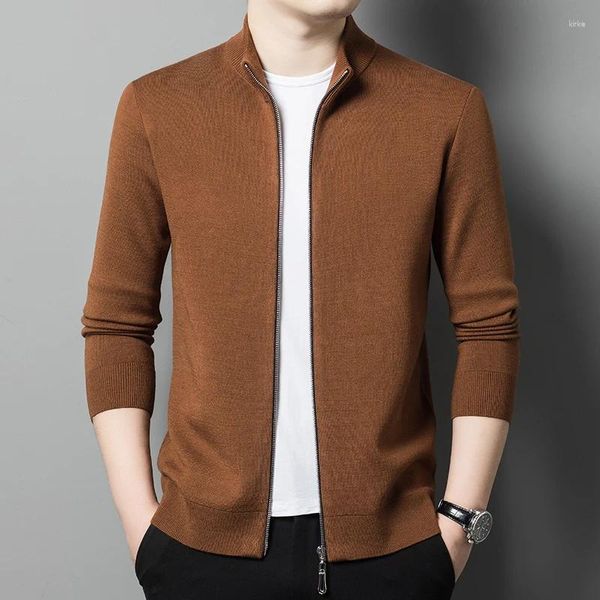 Suéter masculino de lã penteada de alta qualidade com zíper casaco 2024 outono simples moda suéter jaqueta manga comprida cardigã de malha misturada
