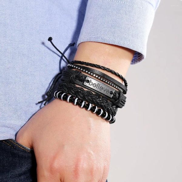 Charme Pulseiras Eif Dock Vintage Multilayer Couro Trança Bangles Black Beads Handmade Corda Envoltório Masculino Presente Jewlery