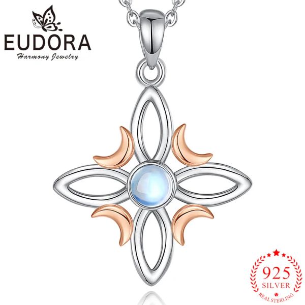 Ciondoli Eudora Collana con nodo streghe in argento sterling 925 Pietra di luna Colore oro rosa Luna Ciondolo nodo celtico Gioielli Wicca Regalo per le donne