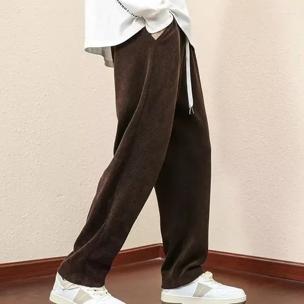 Calças masculinas primavera outono rosca cordão elástico cintura alta bolsos sólidos casual perna larga workwear calças esportivas