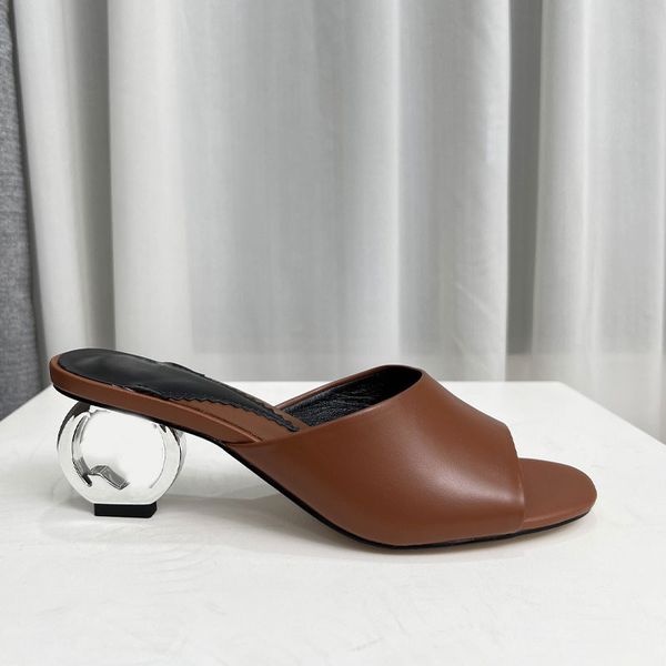 Designer-Absatz-Slipper, Luxus-Marken-Sommer-Stepp-Hausschuhe, silberne Schriftzug-Absätze, Damen-Urlaub, High-Heel-Kleid-Schuhe für Damen-Sandale