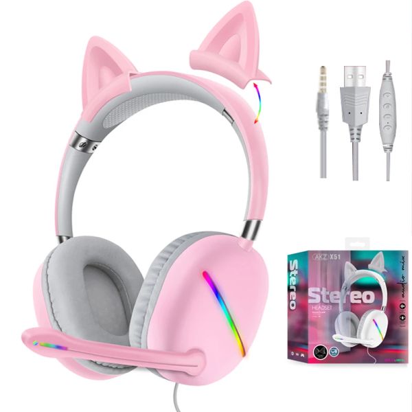 Kopfhörer/Headset, hochwertige kabelgebundene Kopfhörer, Gamer-Headset mit Mikrofon, RGB-Licht, Katzenohr-Stereo-Musik für PC, Computer, Laptop