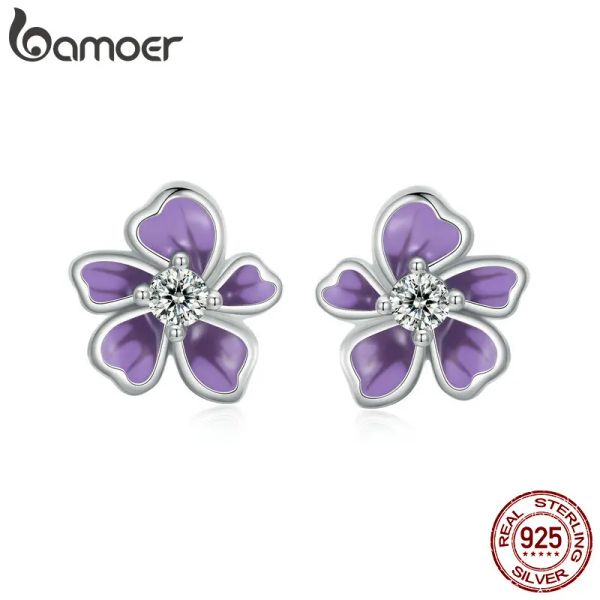 Серьги Bamoer Purple Flower Servrings для женщин, 925 Серебряные Серебряные Серебряный Симпатичный Плюмерия Вишневый цвет Гипоаллергенный Серьги для девушки для девушки