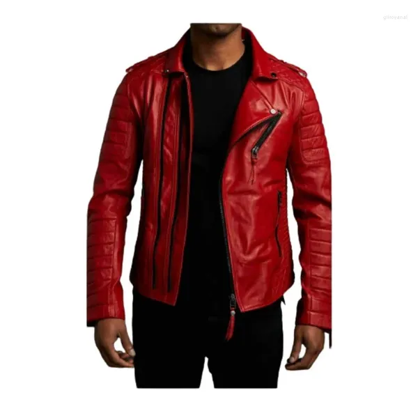 Мужские куртки Мужская кожаная куртка Slim Fit Biker Красная овечья кожа