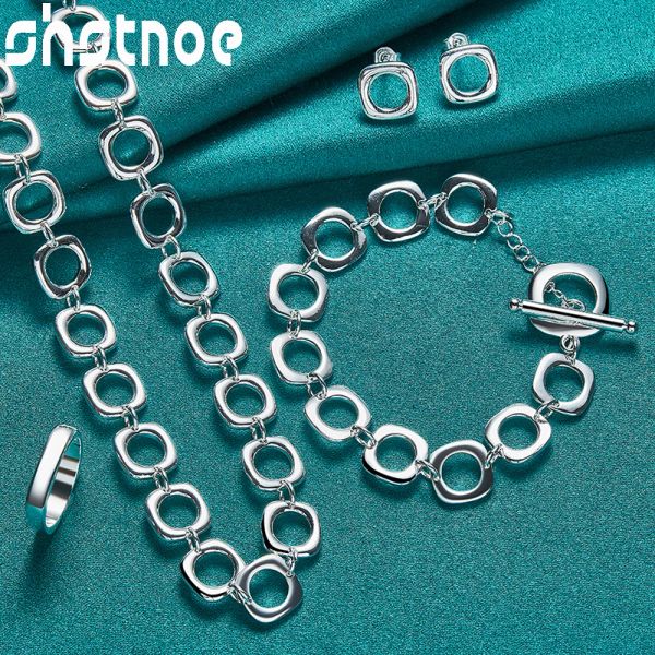 Sets 4 stücke 925 Sterling Silber Frau Platz Hohlen Kreis Ohrringe Ring Kette Halskette Armband Schmuck Sets Dame Hochzeit party Geschenke