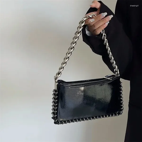 Evening Bags Fashion Chic Design Chain Bag Women 2024 High-Grade Glossy Patent Leather Shoulder Novelty Trend Black Purse Handbags