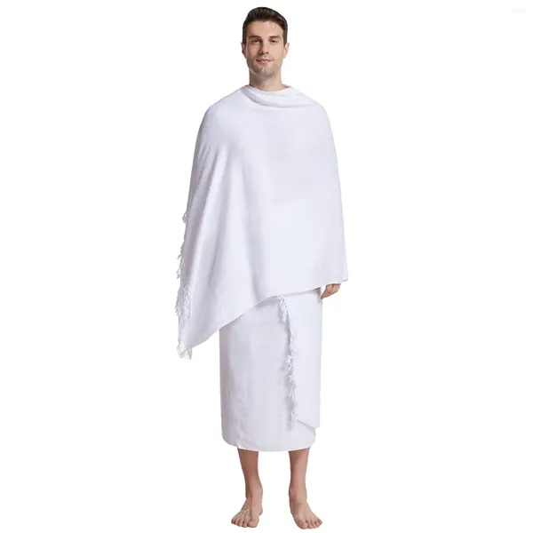 Tute da uomo Musulmano 2 Pezzi Set Medio Pellegrinaggio Sciarpa Hajj Abbigliamento Cardigan Pantaloni Vestito Solido Musulmane Arabia Saudita Vestiti