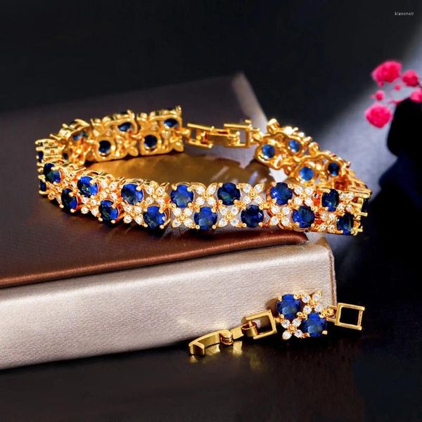 Braccialetti a maglie ThreeGraces Elegante blu zirconi cubici color oro lussuoso nigeriano Dubai braccialetto da ballo per le donne Gioielli alla moda