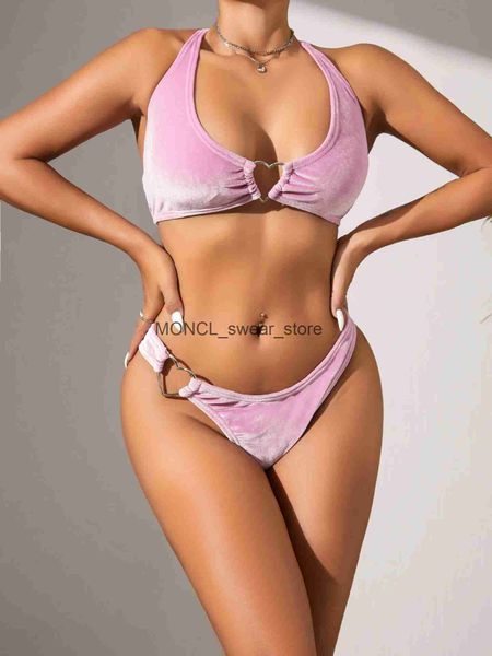 Costumi da bagno da donna Sexy bikini in velluto da donna tinta unita rosa scava fuori cuore micro costume da bagno 2023 costume da bagno estivo push up perizoma H24222