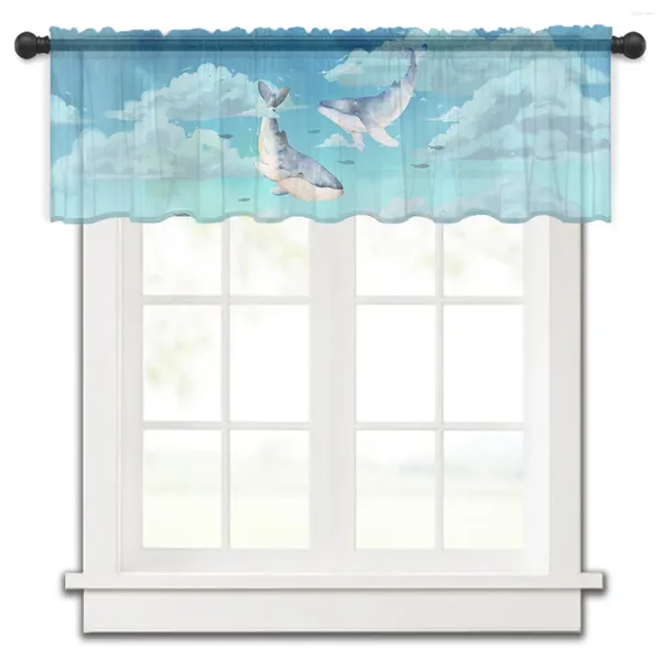 Занавеска «Китовое небо» с рисунком акварельных коротких прозрачных оконных тюлевых штор для кухни, спальни, домашнего декора, маленькая вуаль, шторы