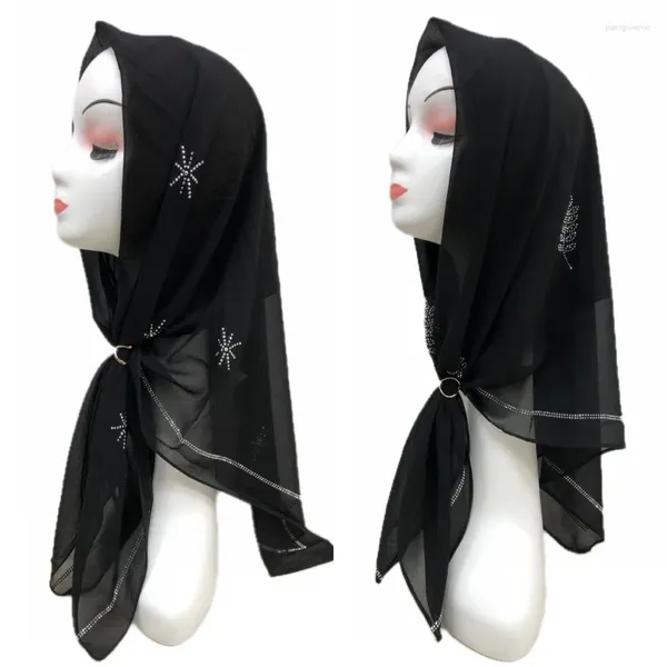 Roupas étnicas Ramadan Eid Muçulmano Mulheres Diamantes Hijab Xales Islâmicos Wraps Arábia Bandana Lenço Quadrado Oriente Médio Chiffon Preto