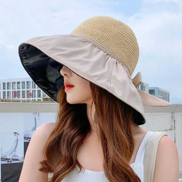 Berretti Cappello da spiaggia Protezione solare Visiere parasole Donna Fiocco da pescatore Decor Tesa larga Panama Fornitura per esterni