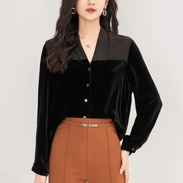 Женские блузки, винтажная черная шелковая бархатная блузка, женская рубашка с v-образным вырезом на пуговицах, осенние повседневные топы с длинными рукавами, элегантные рубашки и