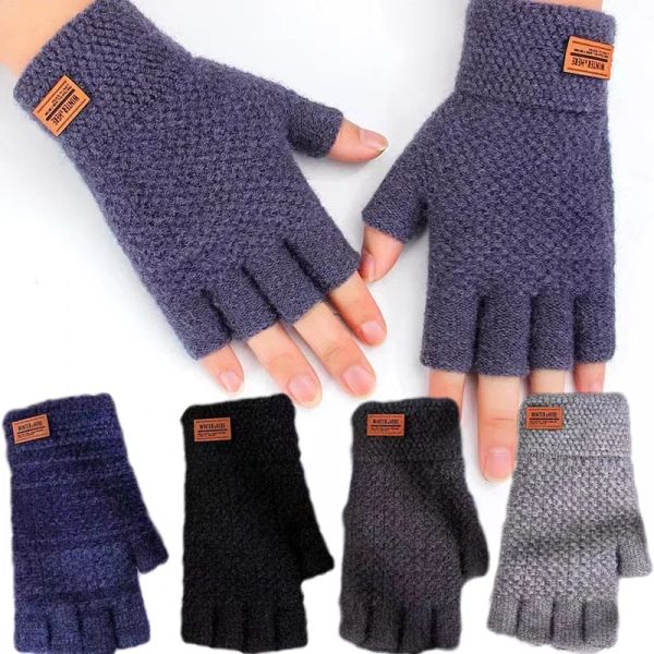 Männer Winter Fingerlose Handschuhe Halbfinger Schreiben Büro Gestrickte Alpaka Wolle Warme Leder Label Dicken Elastischen Fahren Handschuhe