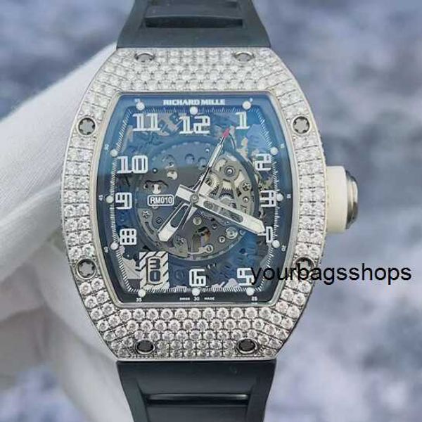 RM Chronograph Swiss Wrist Watch Collection Armbanduhr Richarder Milles Rm010 Ag Wg Back Diamond 18k Platinum Full Diamond Hollow Automatic Mechanical Watch Male