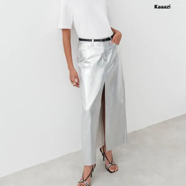 Saias Kaaazi elegante mulheres saia longa split pu couro magro moda outono 2024 feminino prata escritório senhoras chique tendência