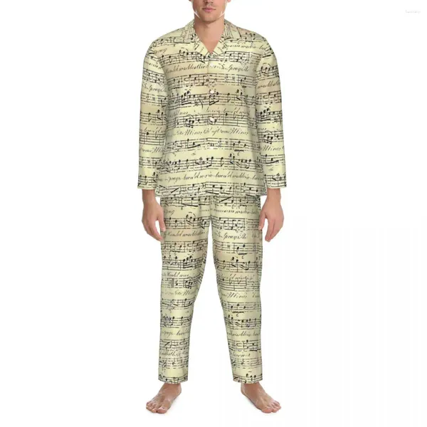 Pijamas masculinos pijamas homem vintage música notas quarto músico impressão 2 peça pijama conjunto de mangas compridas macio oversized casa terno