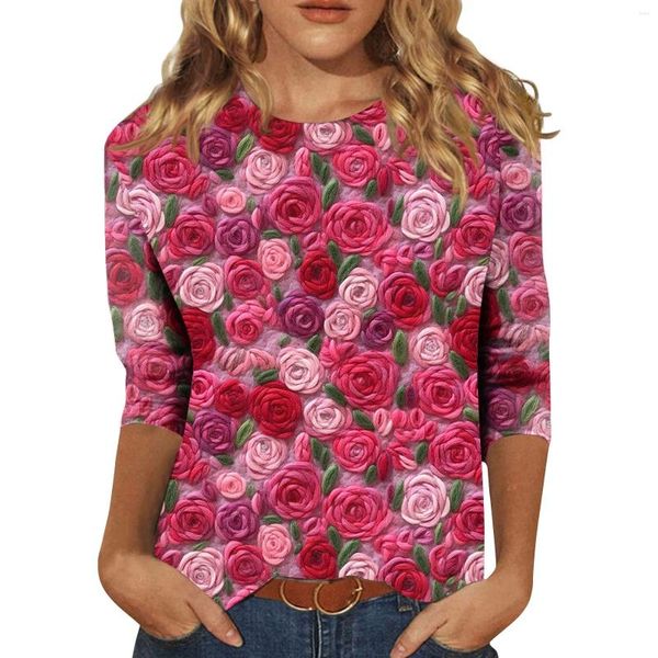 T-shirt da donna manica 3/4 per donna T-shirt con stampa grafica carina camicette casual taglie forti Top basic pullover top per San Valentino