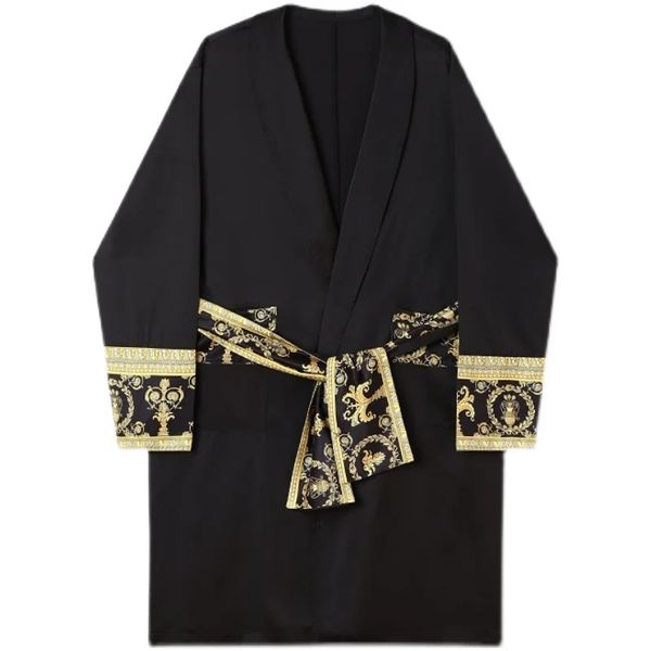Lüks yeni açık siyah altın baskı trend cüppe giyiyor rüzgarlık saray moda ev uzun erkek kadın ceket trençkot beyaz