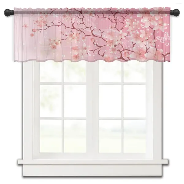 Tenda Fiore di Ciliegio Farfalla Rosa Breve Finestra Trasparente Tende di Tulle per Cucina Camera da Letto Decorazioni per la Casa Piccole Tende in Voile