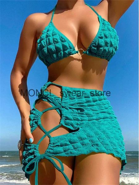 Damenbadebekleidung Sexy Bikinis Damen Solid Seersucker Hollow Out Faltenrock 3-teiliger Badeanzug Sommer Ring Kreis Push Up BadeanzugH24222