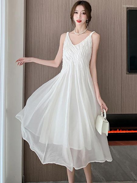 Party Kleider Sommer Weiß Plissee V-ausschnitt Sexy Schlinge Langes Kleid Frauen Koreanische Elegante Luxus Kleid 2024 Mode Bodycon Dance