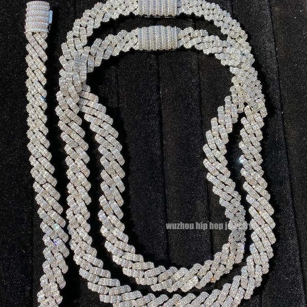 Benutzerdefinierte Bling Hiphop-Kette, 18 mm Breite, Kastenverschluss, S925-Silber, 2 Reihen, feiner Baguette-Schliff, kubanische Moissanit-Halskette für Männer