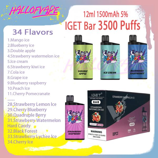 Yüksek kaliteli IGET BAR 3500 Puf Verilebilir Vape Kalem% 5 Seviye 12ml Örgü Bobin 1500mAH Bettery 20 Flavors E Sigara Puflar