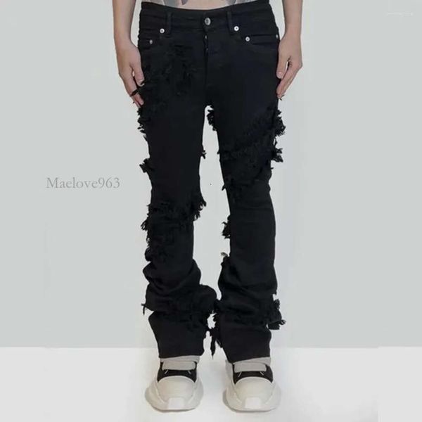 Jeans moda queimado masculino rasgado angustiado streetwear preto denim calças longas fitas tendência homem maelove963