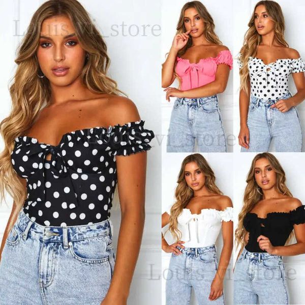 Canottiere da donna Camis Hot Summer Donna Casual Off spalla Crop Top Camicetta Manica corta Camicia a colletto basso Casual Slim Fit Dot Stampa Top Abbigliamento T240222