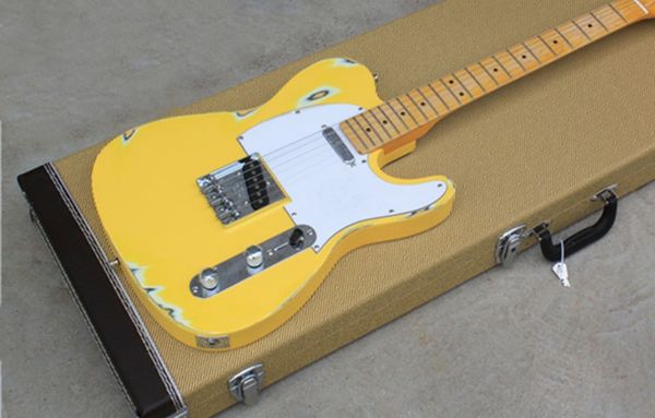 Custom Shop Relic Yellow Chitarra elettrica Corpo in tiglio Accordatori con tastiera in acero vintage Hardware cromato 6 corde