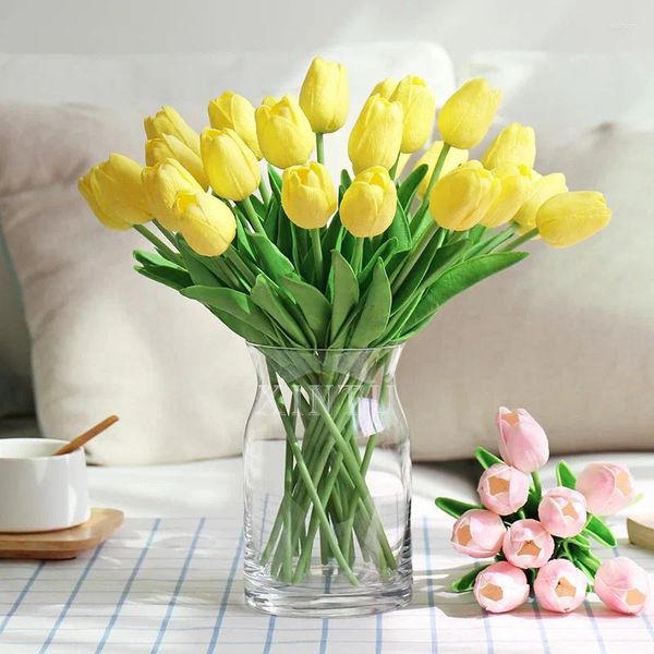 Flores decorativas 31pcs tulipas artificiais toque real arranjo falso buquê de flores para casa jardim escritório decoração de casamento