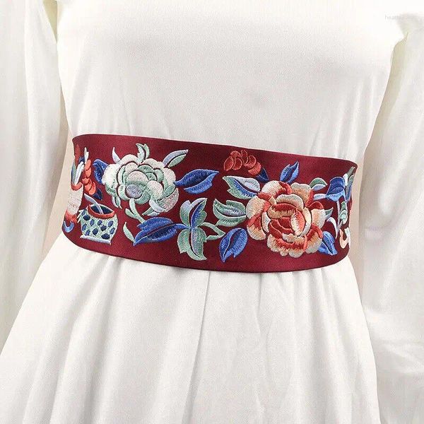 Roupas étnicas Estilo Japonês Kimono Cintura Cinto Elástico Mulheres Floral Bordado Largo Retro Yukata Vestido Obi Cintura