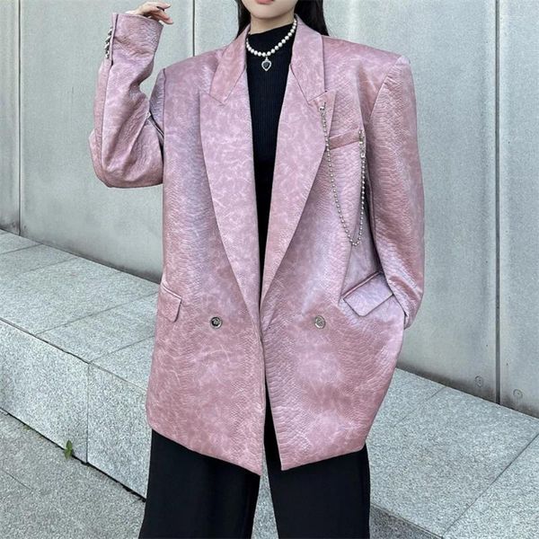 Kadınlar Deri Kadın Sahte Ceket Gevşek Blazer Bahar Sonbahar Pembe Timsah Baskı Pat Kadın Şık Moda Zinciri Out Giyim Üstleri