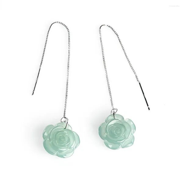 Orecchini pendenti in argento 925 con giadeite verde naturale intagliata con fiore di rosa, orecchino con certificato di lusso, gioielli per feste in giada