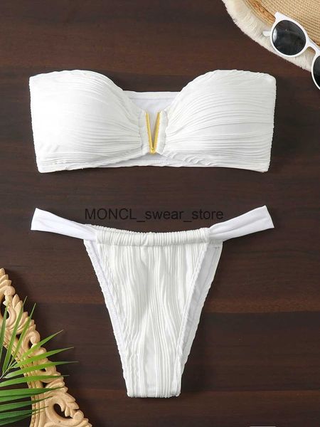 Damenbadebekleidung Sexy Bandeau-Bikini-Set Frauen Neues Metall V-Ausschnitt Push-Up-Tanga-Badeanzug 2024 Strand Solid White Badeanzug Micro BiquiniH24222